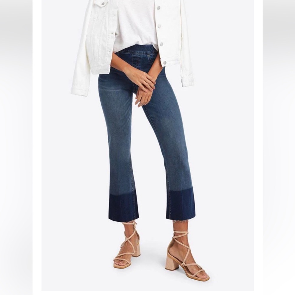 NWOT SPANX Two-Tone Blue High Rise Cropped Flare Boho Pull On Raw Hem Jeans XL